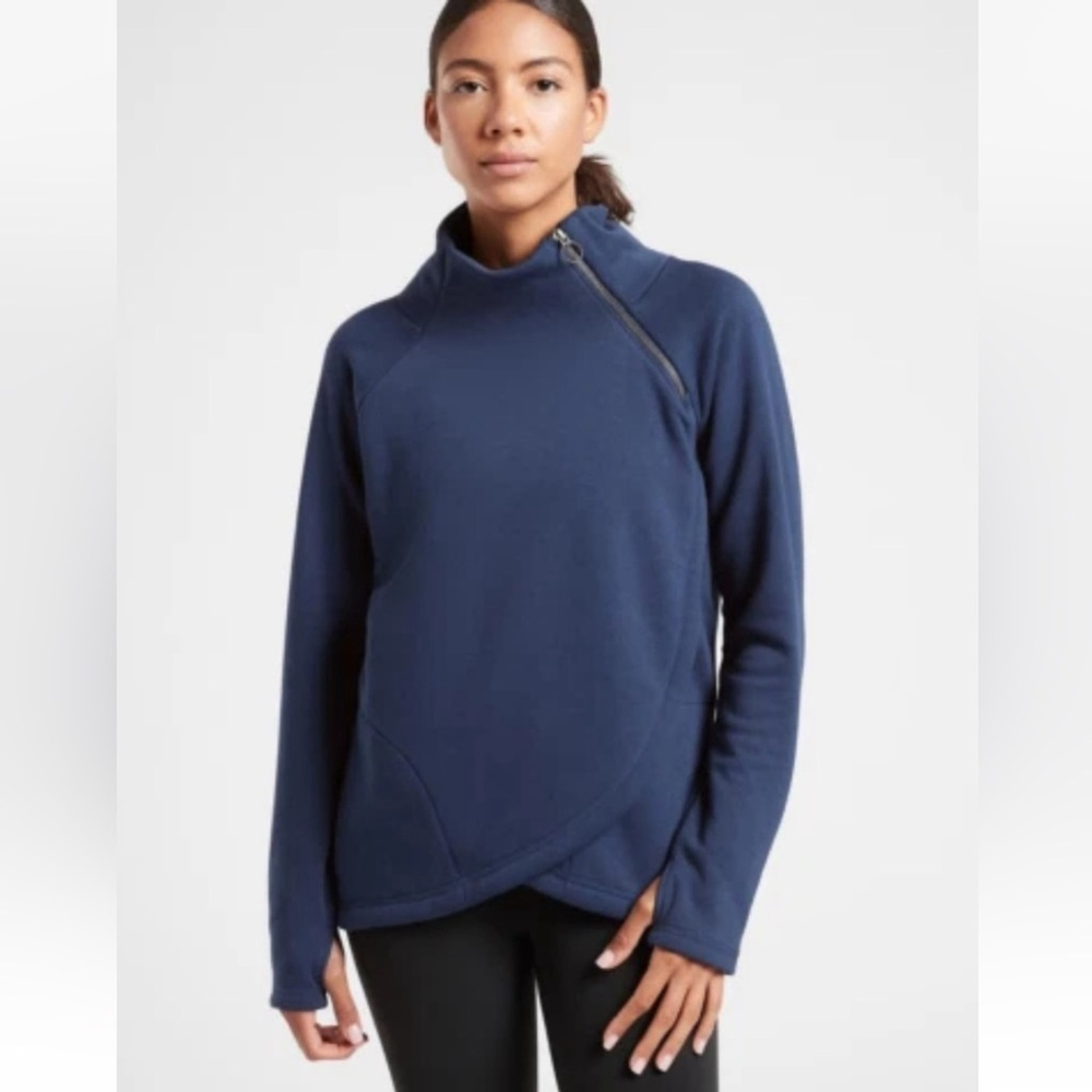 Athleta Cozy Karma Asym Pullover Sweatshirt Top Blue Navy Blue Quarter zip
